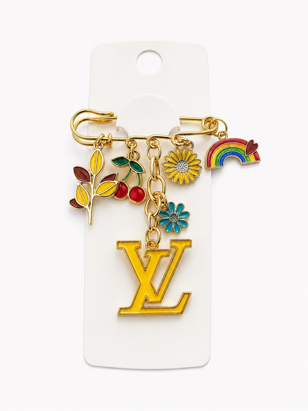 Gold Logo Charm Brooch with Colorful Enamel Charms